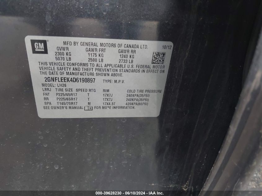 2013 Chevrolet Equinox 1Lt VIN: 2GNFLEEK4D6190897 Lot: 39628230