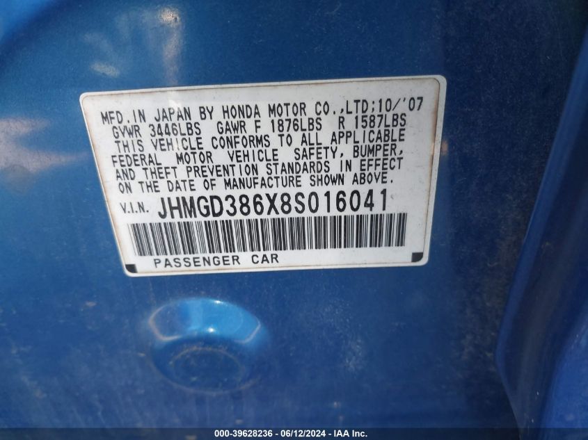 2008 Honda Fit Sport VIN: JHMGD386X8S016041 Lot: 39628236