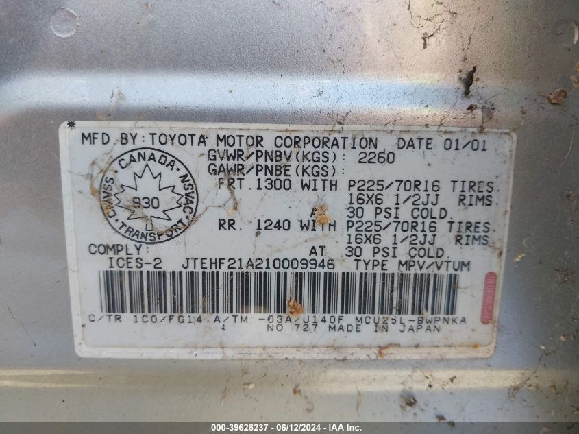 2001 Toyota Highlander V6 VIN: JTEHF21A210009946 Lot: 39628237