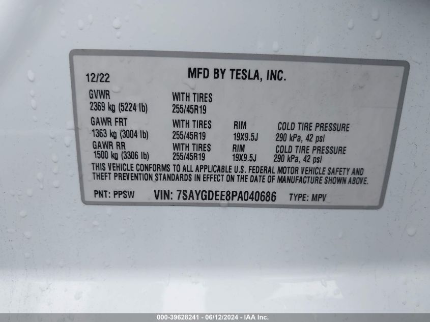 2023 TESLA MODEL Y AWD/LONG RANGE DUAL MOTOR ALL-WHEEL DRIVE - 7SAYGDEE8PA040686