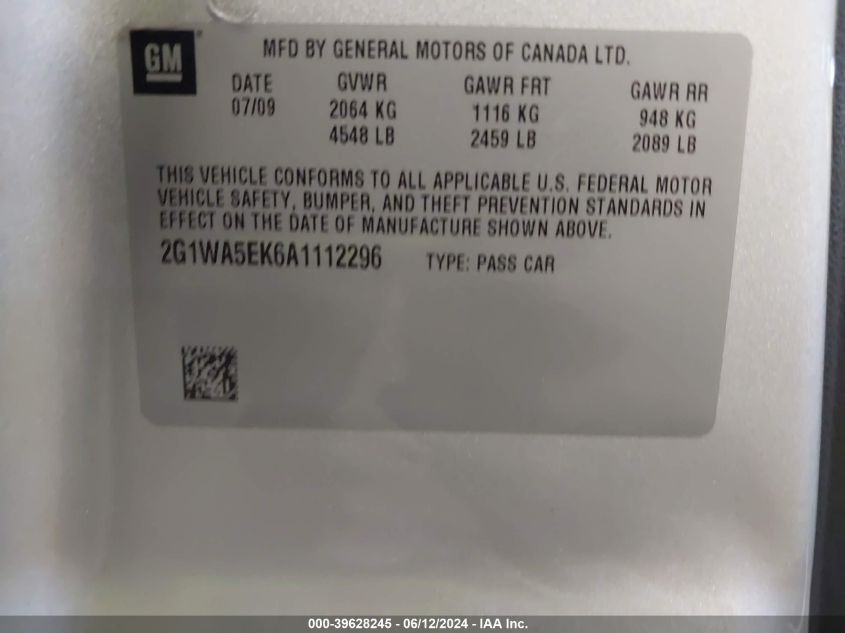 2010 Chevrolet Impala Ls VIN: 2G1WA5EK6A1112296 Lot: 39628245