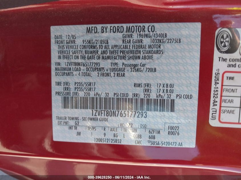 2006 Ford Mustang V6 VIN: 1ZVFT80N765177293 Lot: 39628250