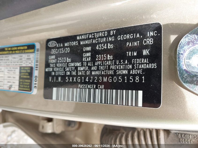 2021 Kia K5 Lxs VIN: 5XXG14J23MG051581 Lot: 39628262