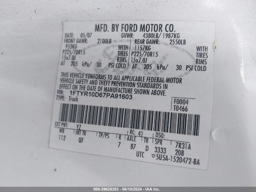 2007 Ford Ranger Stx/Xl/Xlt VIN: 1FTYR10D67PA91603 Lot: 39628283