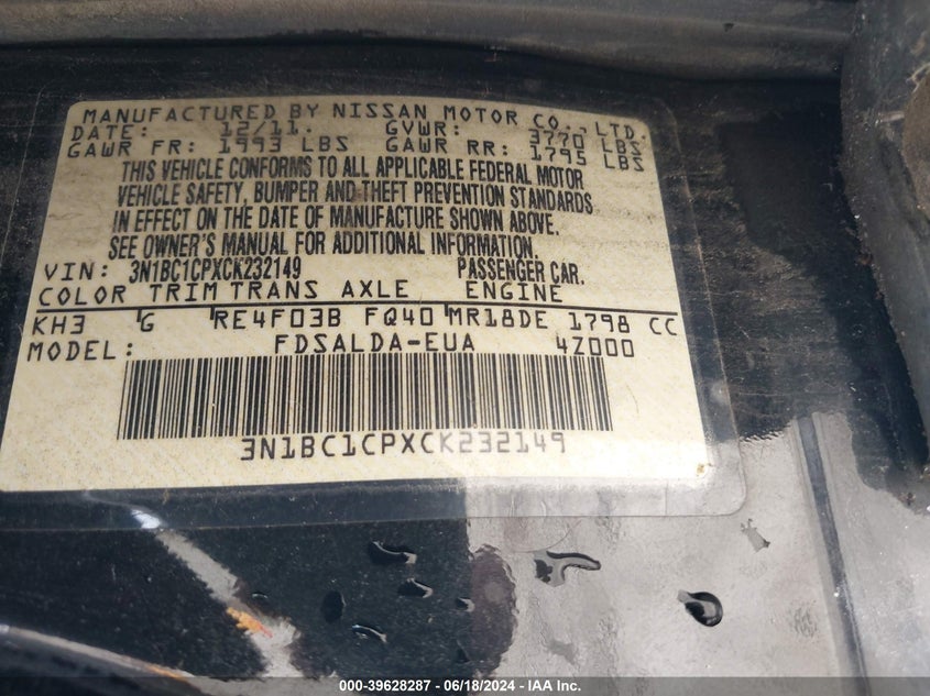 2012 Nissan Versa 1.8 S VIN: 3N1BC1CPXCK232149 Lot: 39628287