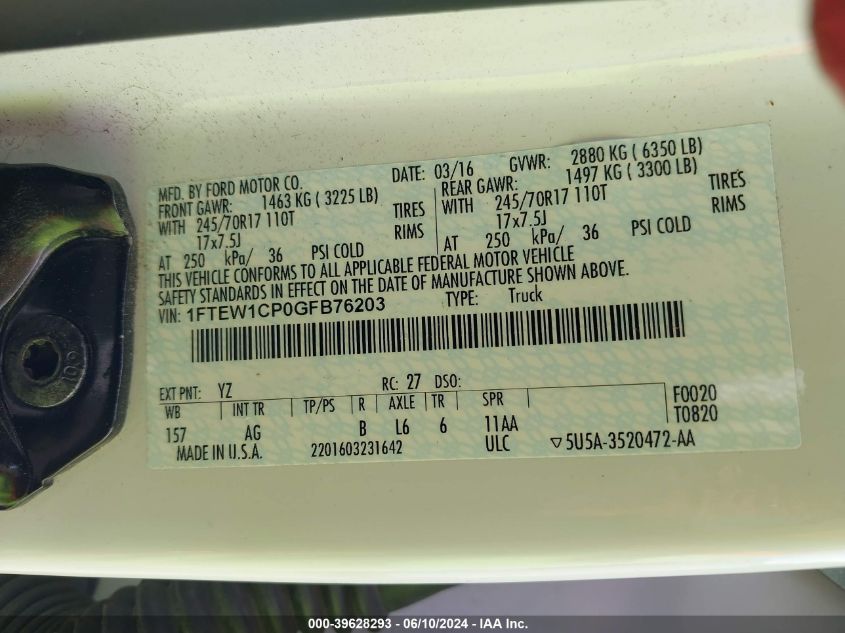 2016 Ford F-150 Xl VIN: 1FTEW1CP0GFB76203 Lot: 39628293