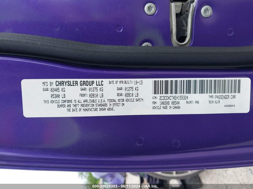 2014 Dodge Charger Road/Track VIN: 2C3CDXCTXEH155324 Lot: 39628303