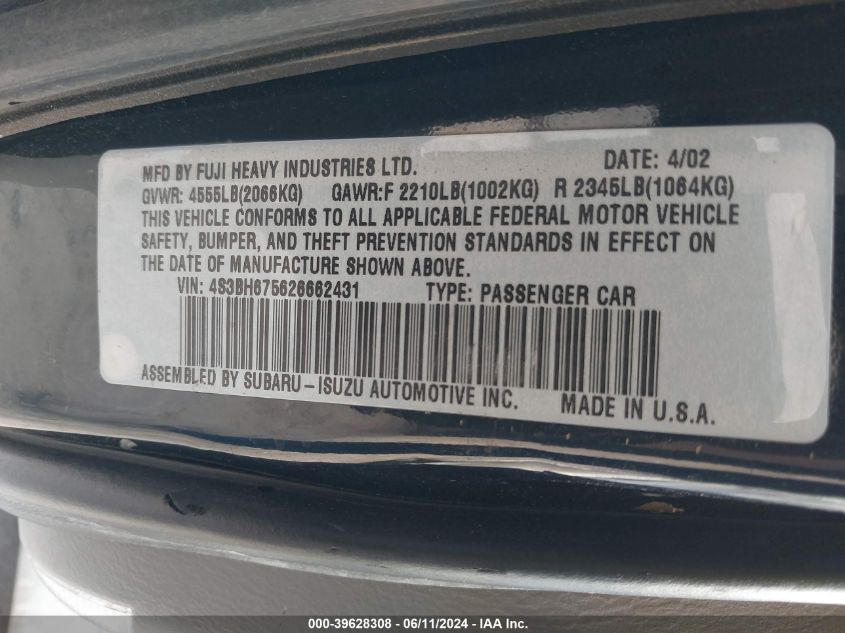 2002 Subaru Outback VIN: 4S3BH675626662431 Lot: 39628308