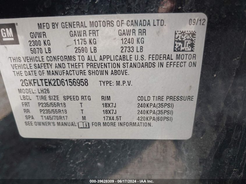 2013 GMC Terrain Sle-2 VIN: 2GKFLTEK2D6156958 Lot: 39628309