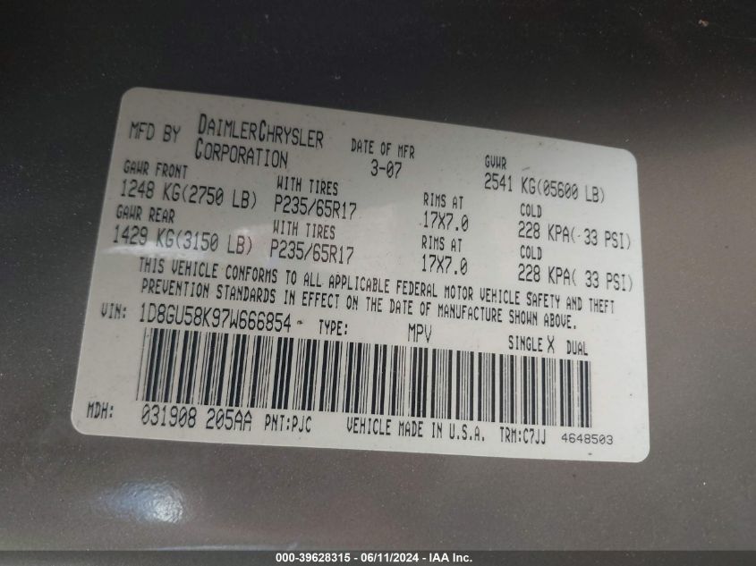 2007 Dodge Nitro Slt/Rt VIN: 1D8GU58K97W666854 Lot: 39628315
