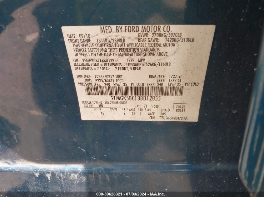 2011 Ford Flex Se VIN: 2FMGK5BC1BBD12855 Lot: 39628321