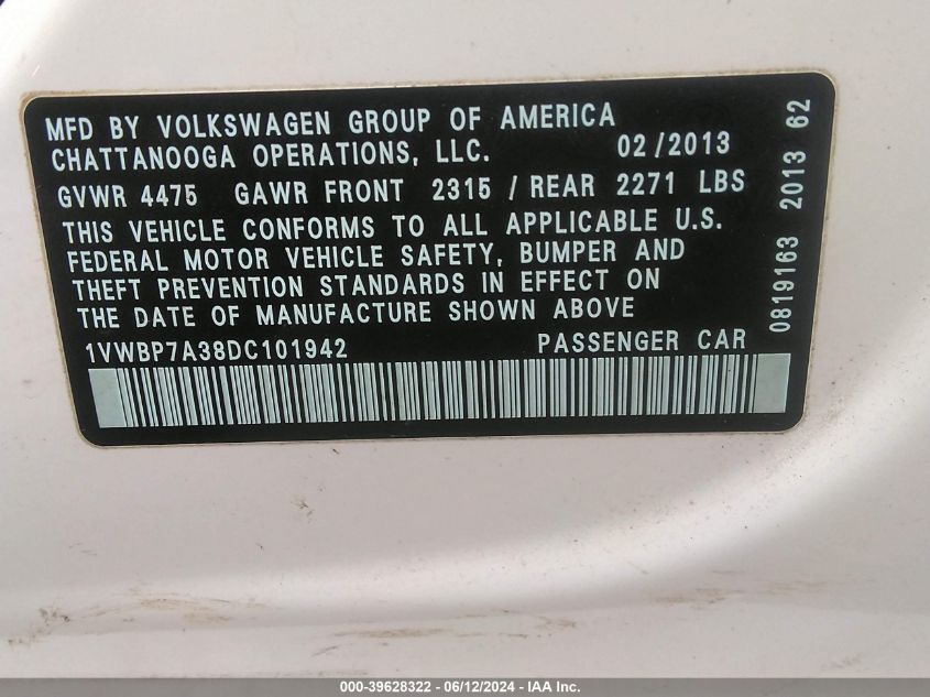 2013 Volkswagen Passat 2.5L Se VIN: 1VWBP7A38DC101942 Lot: 39628322