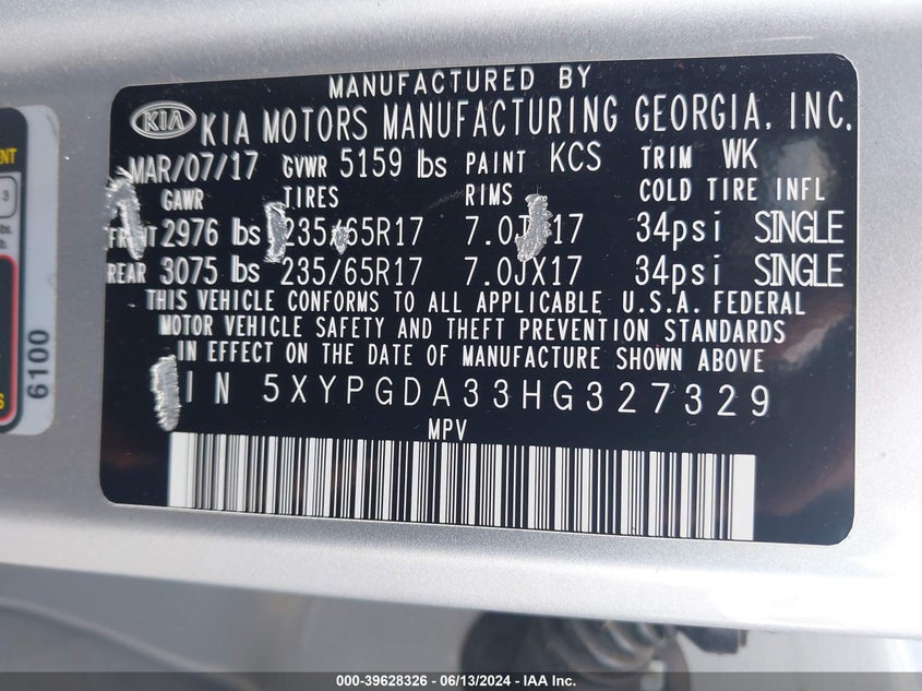 2017 Kia Sorento 2.4L Lx VIN: 5XYPGDA33HG327329 Lot: 39628326