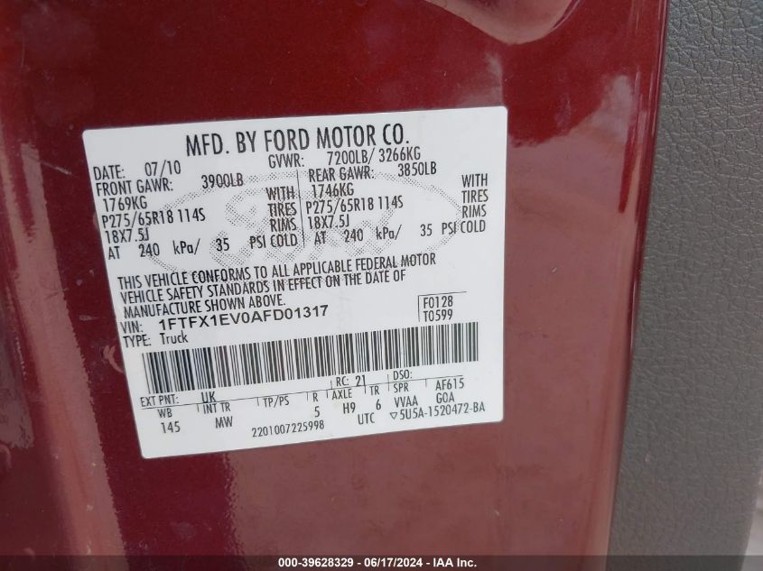 2010 Ford F-150 Fx4/Lariat/Xl/Xlt VIN: 1FTFX1EV0AFD01317 Lot: 39628329
