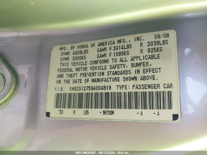 2009 Honda Accord 2.4 Ex VIN: 1HGCS12759A004819 Lot: 39628361