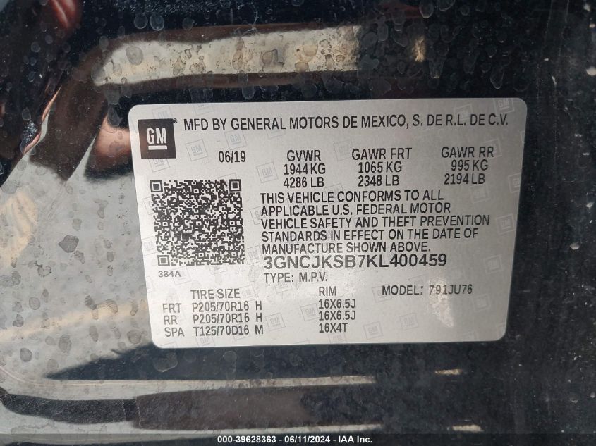 2019 Chevrolet Trax Ls VIN: 3GNCJKSB7KL400459 Lot: 39628363