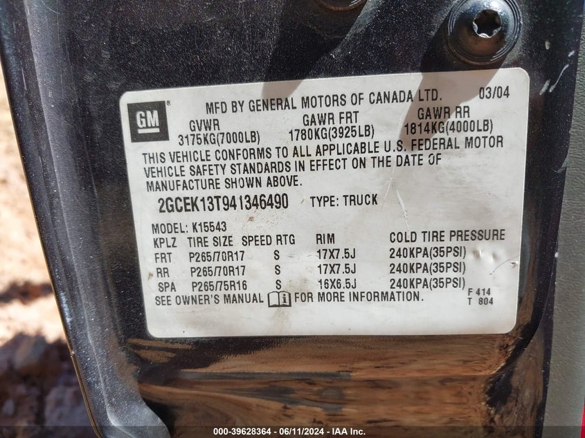 2004 Chevrolet Silverado 1500 Z71 VIN: 2GCEK13T941346490 Lot: 39628364