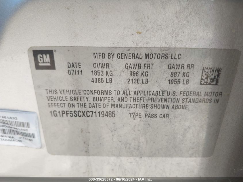 2012 Chevrolet Cruze 1Lt VIN: 1G1PF5SCXC7119485 Lot: 39628372