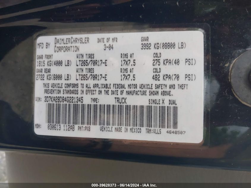 2004 Dodge Ram 2500 Slt/Laramie VIN: 3D7KA28D84G221345 Lot: 39628373