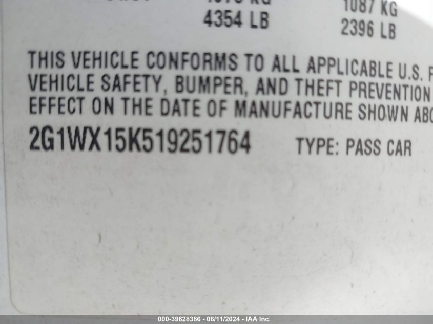 2001 Chevrolet Monte Carlo Ss VIN: 2G1WX15K519251764 Lot: 39628386