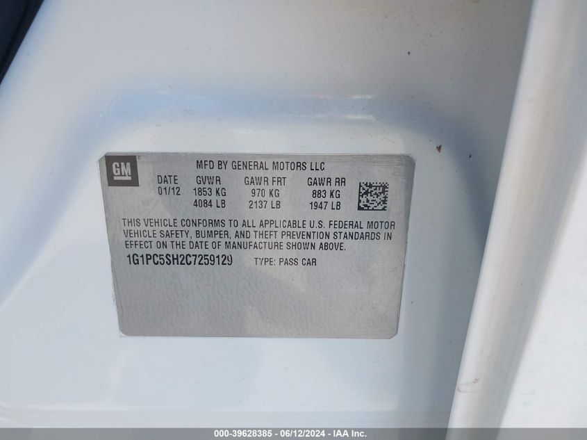 2012 Chevrolet Cruze Ls VIN: 1G1PC5SH2C7259129 Lot: 39628385