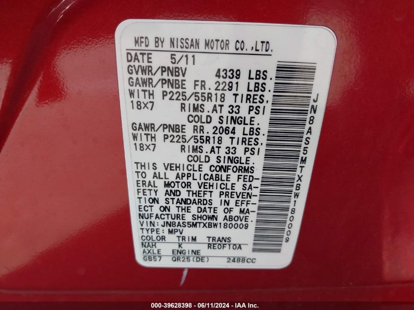 2011 Nissan Rogue Sv VIN: JN8AS5MTXBW180009 Lot: 39628398