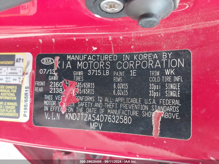 2013 Kia Soul VIN: KNDJT2A54D7632580 Lot: 39628408
