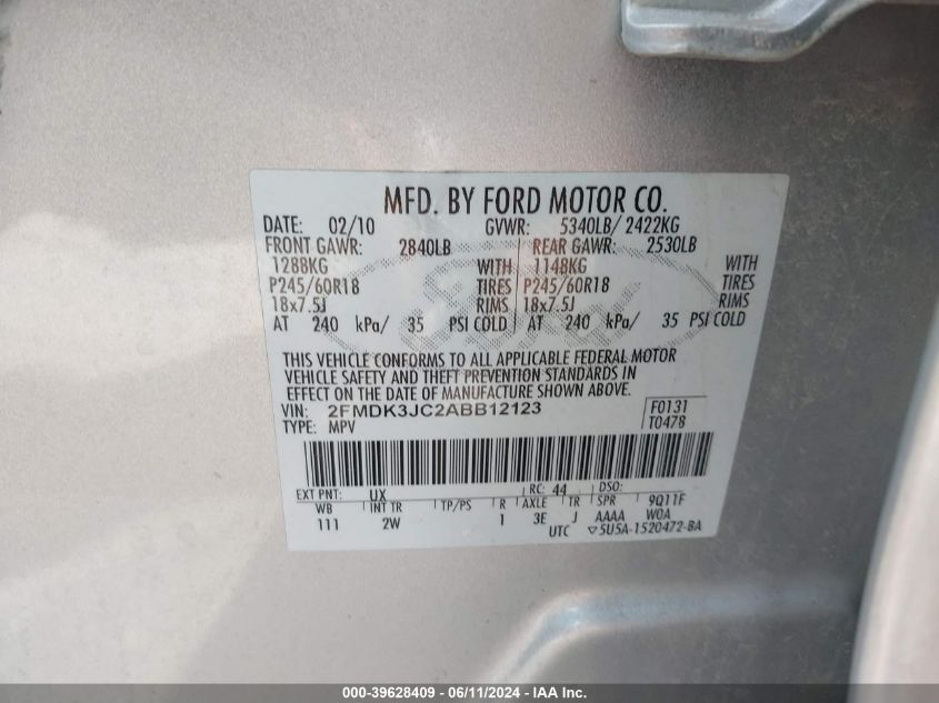 2010 Ford Edge Sel VIN: 2FMDK3JC2ABB12123 Lot: 39628409