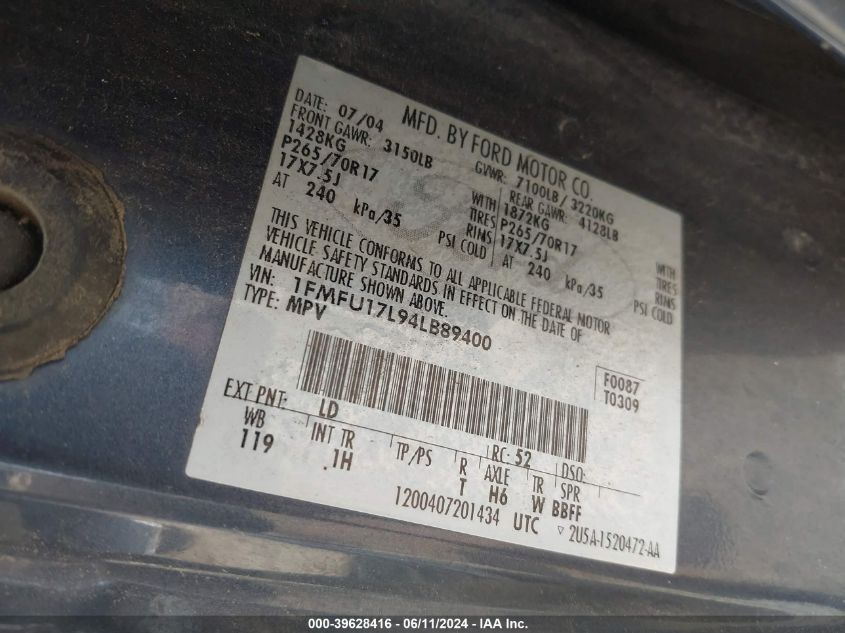 2004 Ford Expedition Eddie Bauer VIN: 1FMFU17L94LB89400 Lot: 39628416