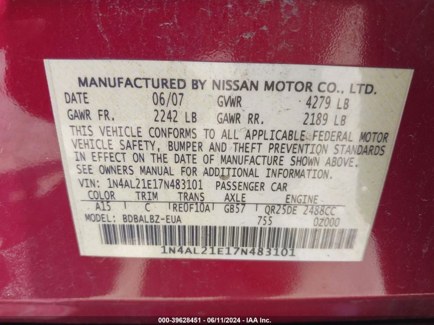 2007 Nissan Altima 2.5 S VIN: 1N4AL21E17N483101 Lot: 39628451