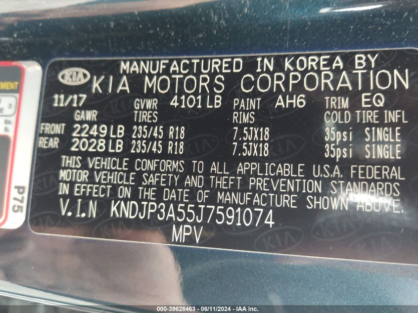 2018 Kia Soul + VIN: KNDJP3A55J7591074 Lot: 39628463