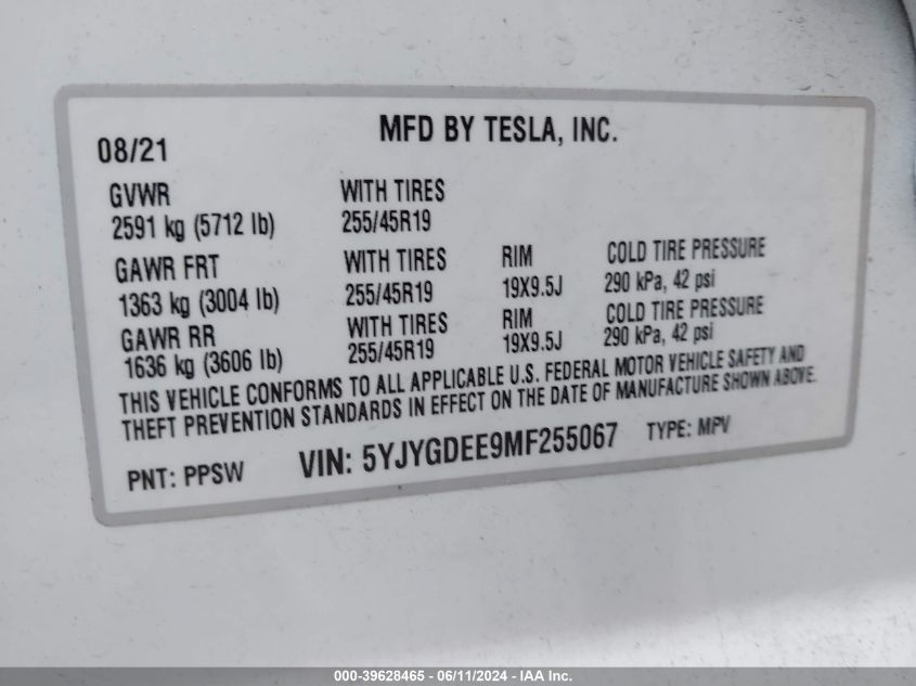 2021 Tesla Model Y Long Range Dual Motor All-Wheel Drive VIN: 5YJYGDEE9MF255067 Lot: 39628465