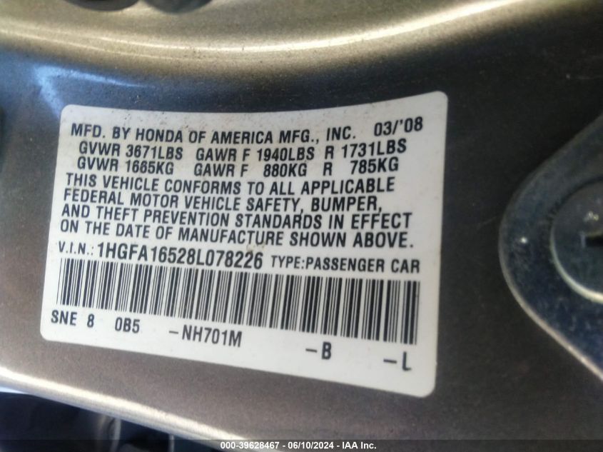 2008 Honda Civic Lx VIN: 1HGFA16528L078226 Lot: 39628467