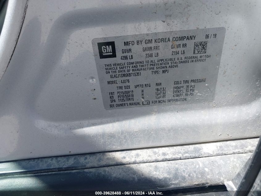 2019 Buick Encore Fwd Sport Touring VIN: KL4CJ1SM6KB715351 Lot: 39628488