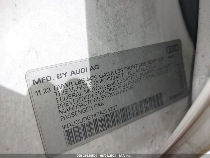 2024 Audi A3 Premium 40 Tfsi Quattro S Tronic VIN: WAUGUDGY4RA074287 Lot: 39628504