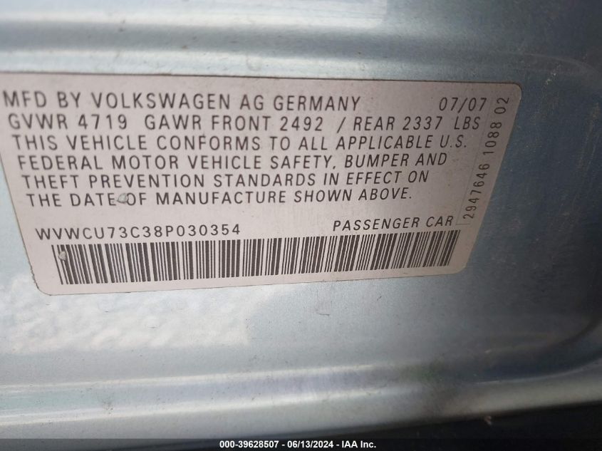 2008 Volkswagen Passat Vr6 VIN: WVWCU73C38P030354 Lot: 39628507