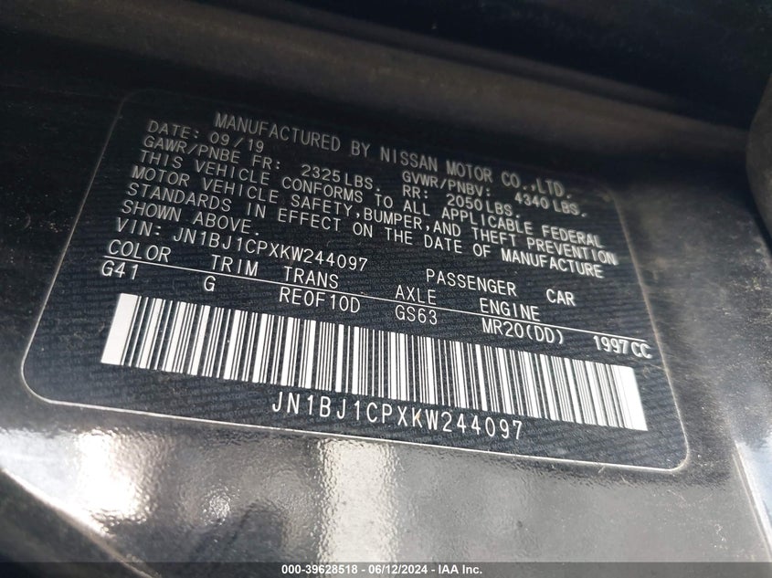 2019 Nissan Rogue Sport S VIN: JN1BJ1CPXKW244097 Lot: 39628518