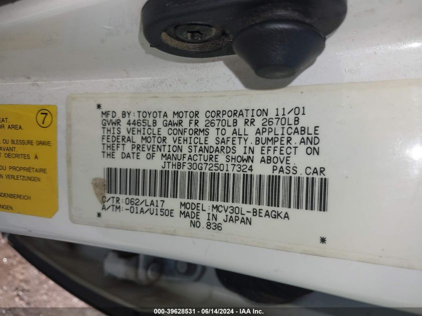 2002 Lexus Es 300 VIN: JTHBF30G725017324 Lot: 39628531