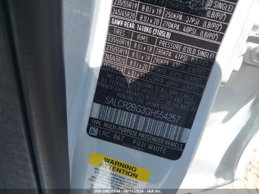 2016 Land Rover Discovery Sport Hse VIN: SALCR2BG3GH554257 Lot: 39628534