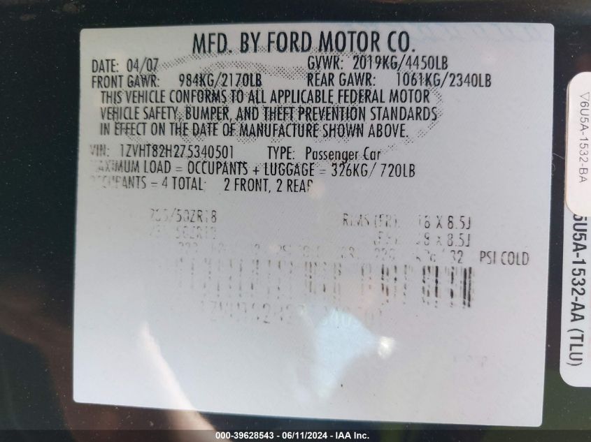 2007 Ford Mustang Gt Deluxe/Gt Premium VIN: 1ZVHT82H275340501 Lot: 39628543