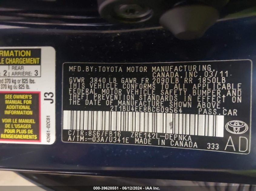 2011 Toyota Corolla Le VIN: 2T1BU4EE8BC609564 Lot: 39628551