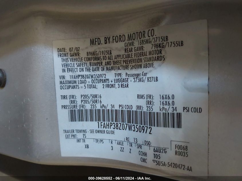 2007 Ford Focus St VIN: 1FAHP38Z07W350972 Lot: 39628552