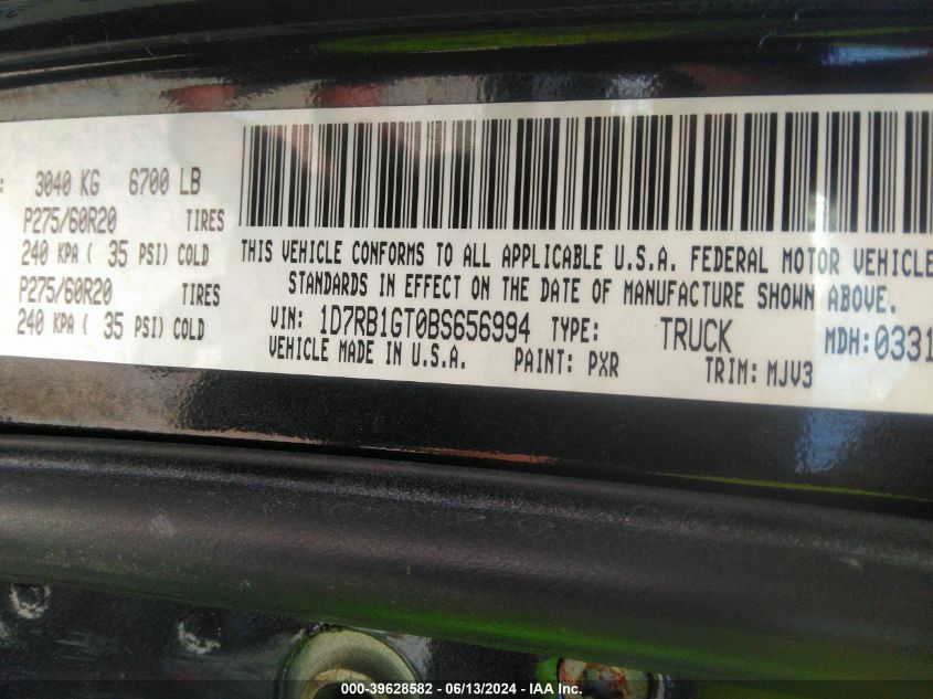 2011 Ram Ram 1500 Slt VIN: 1D7RB1GT0BS656994 Lot: 39628582