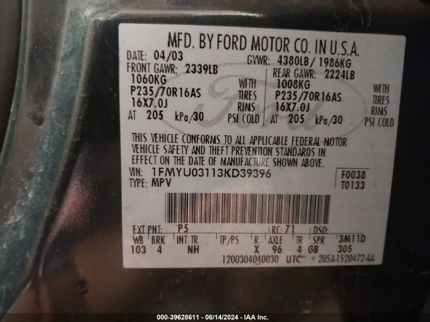 2003 Ford Escape Xlt VIN: 1FMYU03113KD39396 Lot: 39628611