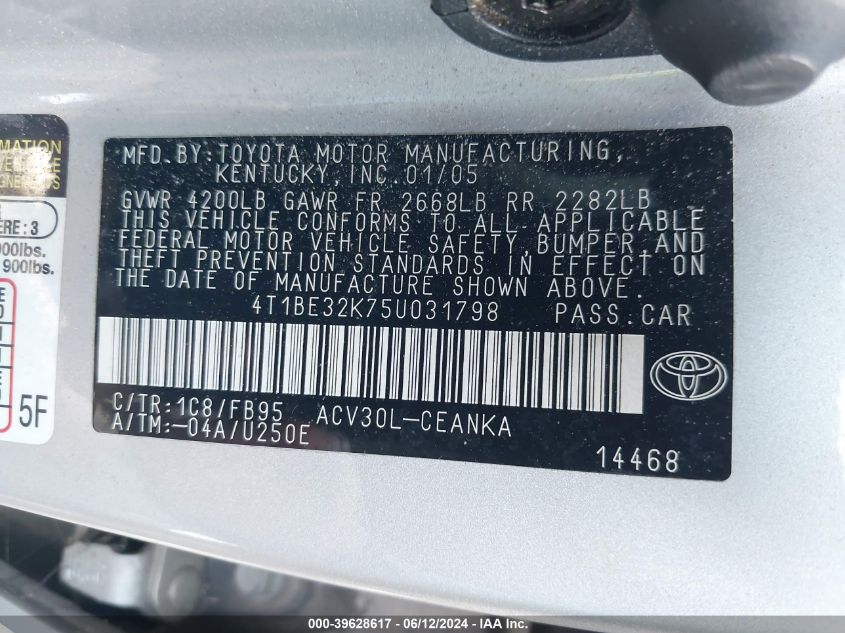 2005 Toyota Camry Le VIN: 4T1BE32K75U031798 Lot: 39628617