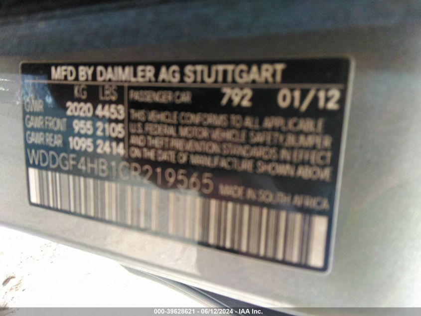 2012 Mercedes-Benz C 250 Luxury/Sport VIN: WDDGF4HB1CR219565 Lot: 39628621