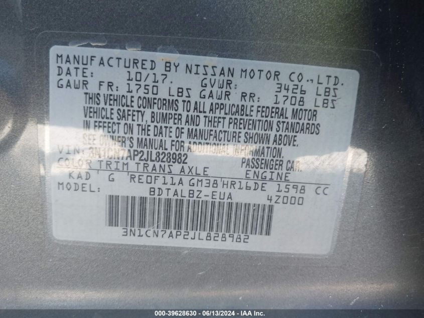 2018 Nissan Versa 1.6 Sv VIN: 3N1CN7AP2JL828982 Lot: 39628630