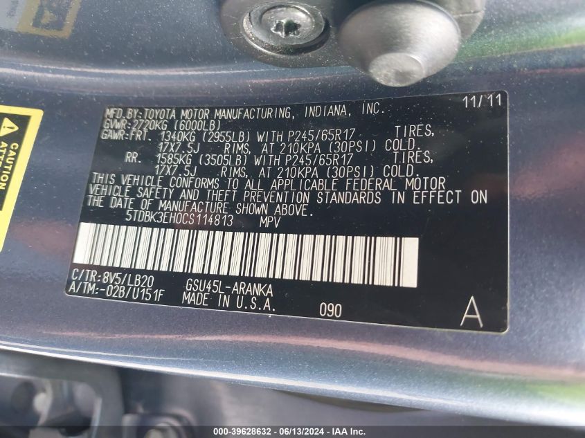 2012 Toyota Highlander Se V6 VIN: 5TDBK3EH0CS114813 Lot: 39628632