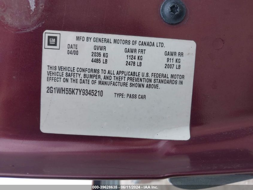 2000 Chevrolet Impala Ls VIN: 2G1WH55K7Y9345210 Lot: 39628635