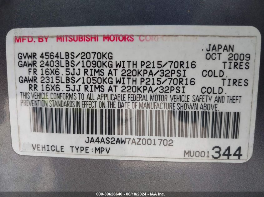 2010 Mitsubishi Outlander Es VIN: JA4AS2AW7AZ001702 Lot: 39628640